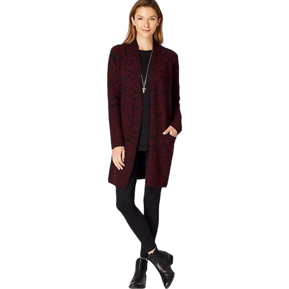 J. Jill Jacquard Knit Longline Cardigan with Pockets in Bordeaux Black 2X